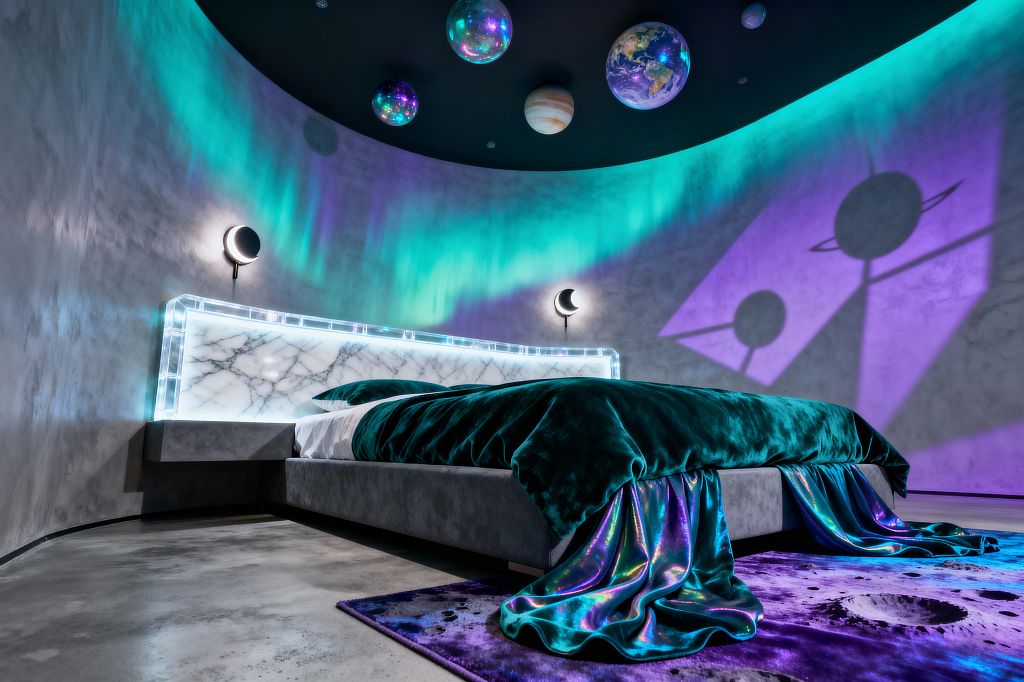 A futuristic bedroom features curved gray plaster walls and a matte black ceiling dotted with hanging planet spheres. A low gray upholstered bed with emerald velvet bedding and iridescent satin drapes sits on a purple lunar-surface rug, backed by a marble-look headboard framed in clear acrylic and lit with LEDs, with crescent moon sconces and aurora-style teal and violet lighting above a polished concrete floor.