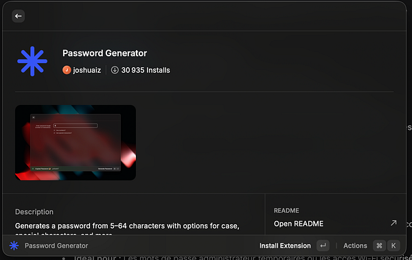Screenshot of the Raycast app interface showing the 'Password Generator' extension with options to generate strong or memorable passwords.