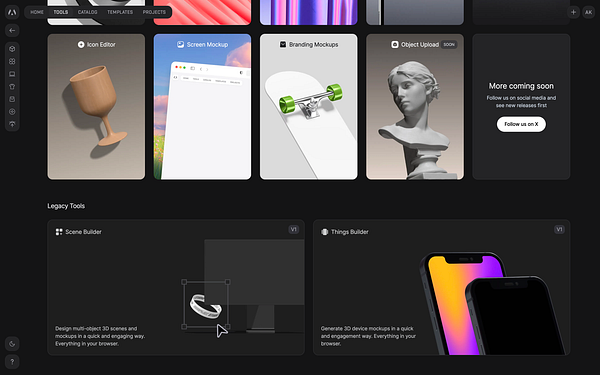 UI interface of Morflax Studio showing the addition of legacy tools with a soon card and various tool icons.