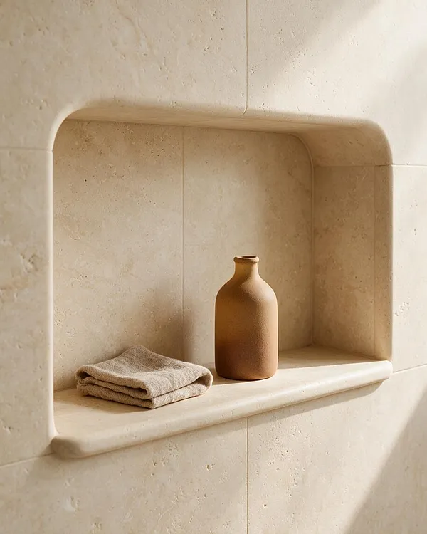 A built-in wall niche finished in warm beige stone or plaster holds a folded natural linen cloth and a small matte terracotta bottle. The rounded edges and softly textured surfaces create a calm, minimalist Organic Modern look.