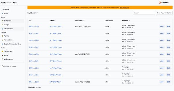 Dashboard from a live demo web application showing user and charge statistics with navigation and action buttons.