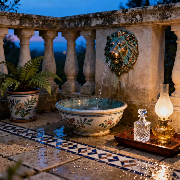 An evening garden patio with a weathered limestone balustrade features a patinated bronze lion-head spout pouring water into a shallow, hand-painted floral ceramic basin. Blue-and-white geometric border tiles accent the stone pavers, while a potted fern, a wooden tray with a glowing brass oil lamp, and a cut-crystal decanter sit nearby; droplets shimmer on the wet floor as the deep blue sky sets a romantic, old-world mood.