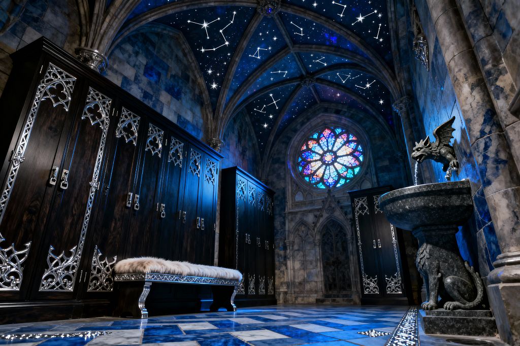 A cathedral-like mudroom features ribbed stone arches and a midnight-blue vaulted ceiling painted with glowing constellations. Tall dark-wood lockers trimmed in silver Gothic tracery face a carved bench with a pale fur cushion on a blue-gray marble floor; a gargoyle fountain on a lion pedestal stands near a multicolored stained-glass rose window, with cool blue lighting and ring-pull hardware reinforcing the dramatic medieval aesthetic.