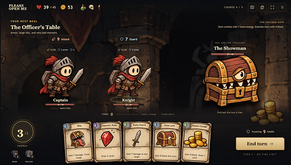 A fantasy dungeon card game layout featuring a board, cards, and game components on a dark patterned surface.