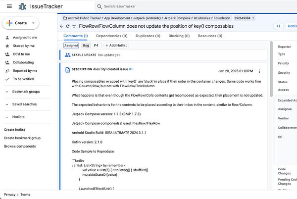 A detailed issue report on the Google Issue Tracker regarding a problem with Jetpack Compose's FlowRow/FlowColumn.