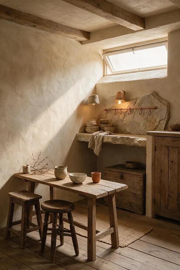 A small basement room designed in a wabi-sabi style, with rough plaster walls, exposed wood ceiling beams, and a skylight bringing in soft natural light. The space includes a worn wooden table with simple stools, handmade pottery, a stone shelf, and rustic wood cabinetry in warm earthy tones.