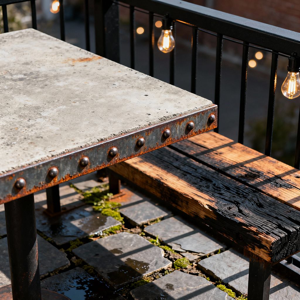 A close-up of an industrial outdoor balcony shows a concrete table with a riveted steel edge and visible rust, supported by dark metal legs next to a bench made from charred, reclaimed wood. Slate cobblestone pavers with moss and small puddles cover the floor, while a black railing lined with glowing Edison string lights casts shadows, framing an urban backdrop beyond.