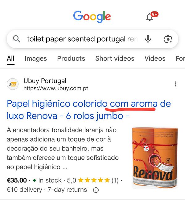 The image displays a Google search result for scented toilet paper from Portugal.