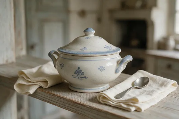 A cream-colored ceramic soup tureen with a domed lid sits on a weathered wooden table, decorated with soft blue floral accents and matching handles. Folded ivory linen napkins and a small silver spoon complete the rustic French Country setting.
