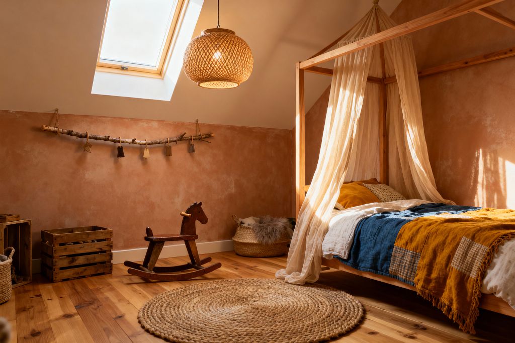 A cozy attic kids’ room with terracotta limewash walls features a wooden canopy bed draped in sheer linen and layered with mustard and deep blue quilts. A round jute rug on knotty pine floorboards sits near a wooden rocking horse, rustic crates, and a woven seagrass basket, while a skylight and rattan pendant warm the space; a branch garland with wooden shapes decorates the wall.