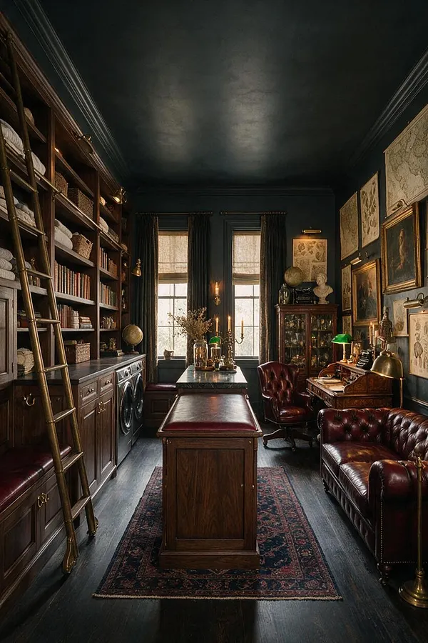A dark academia laundry room with floor-to-ceiling wooden cabinetry and open shelving filled with folded linens, baskets, and books. The room includes a front-loading washer, a central wooden worktable, burgundy leather seating, brass lamps, framed vintage prints, and tall windows with dark drapes.