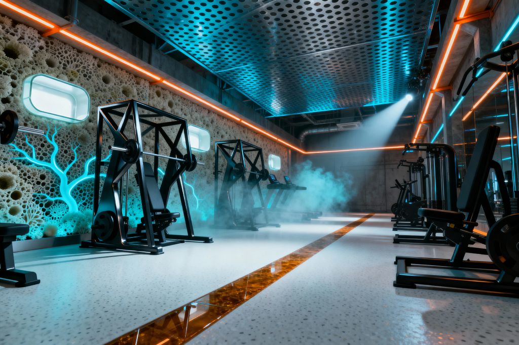 A futuristic home gym features black angular weight machines and treadmills flanking a white speckled floor with an amber backlit strip. A perforated metal ceiling and exposed ducts are trimmed with cyan and orange LED lines, the left wall shows a coral-like textured panel with glowing blue veins and small frosted porthole windows, the right wall is mirrored, and mist with a spotlight creates a dramatic high-tech atmosphere.