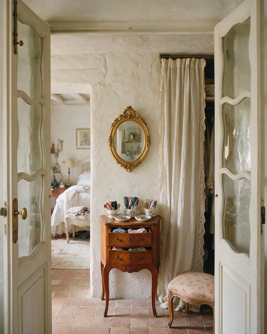 A French Country style closet nook with open double doors, a textured white plaster wall, and a sheer curtain concealing hanging clothes. An ornate gold oval mirror hangs above a small wooden chest with decorative cups, and a floral upholstered stool sits beside it. In the background, a softly lit bedroom is visible through an open doorway.