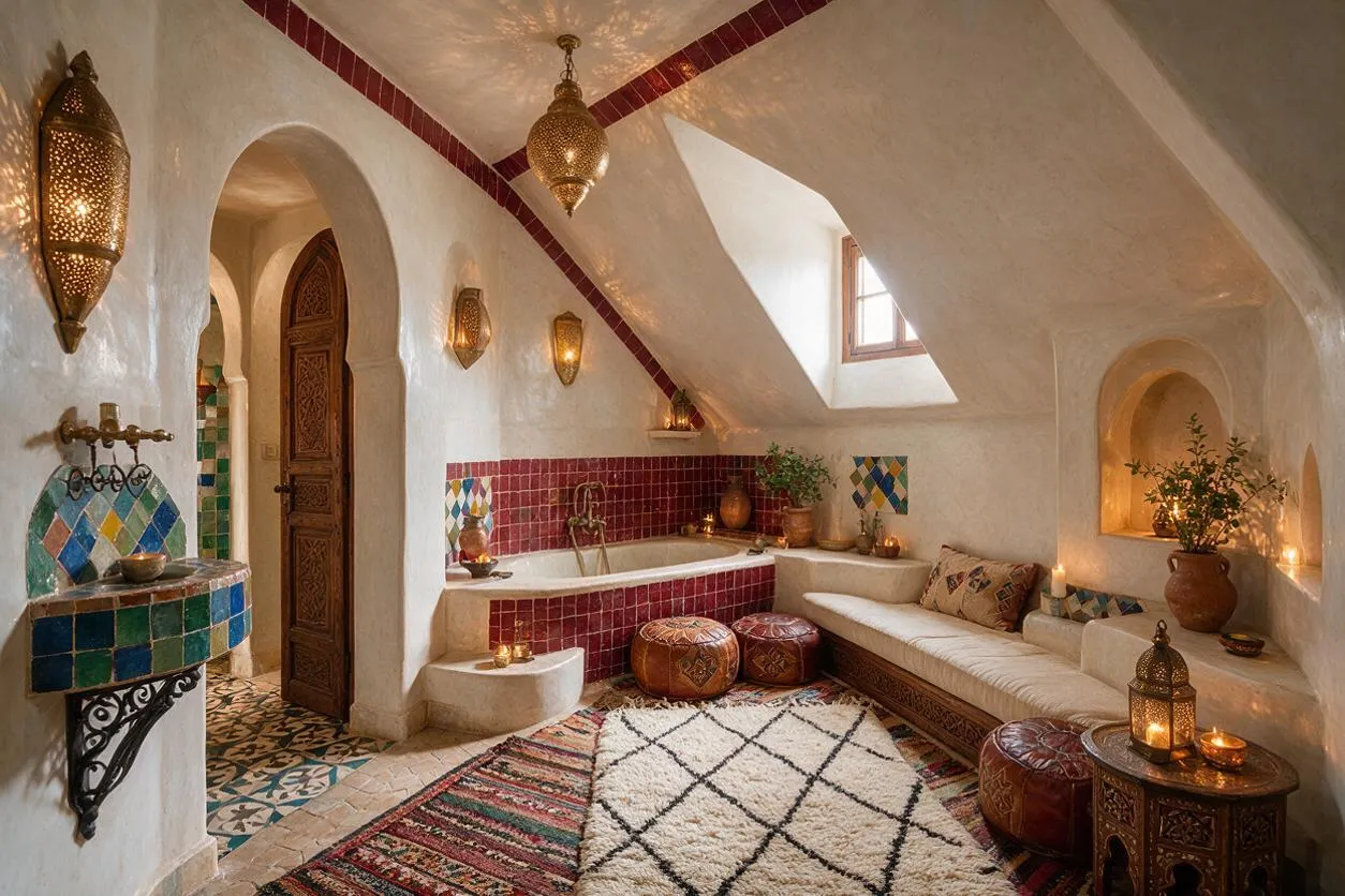 A Moroccan-style master bathroom with white plastered arches, a red-tiled soaking tub, carved wooden door, and colorful mosaic tile accents. The room features lantern lighting, patterned rugs, built-in seating, and warm candlelight, creating a cozy spa-like atmosphere.