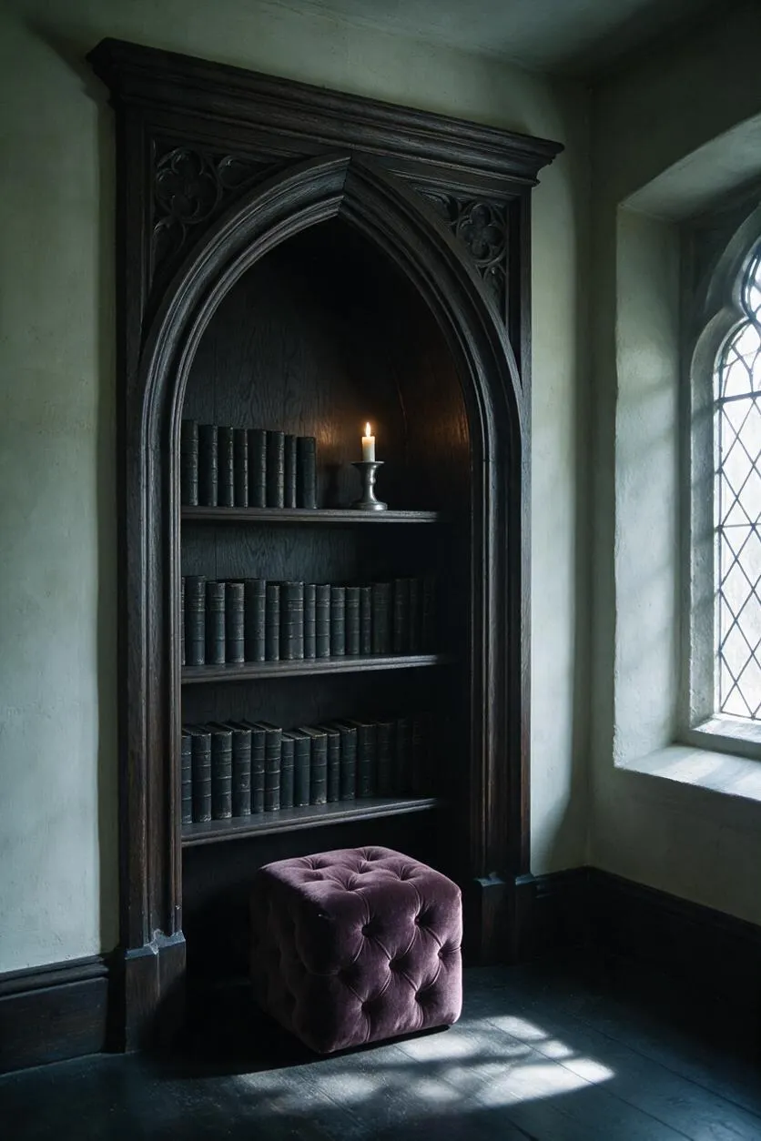 A moody Gothic-style corner featuring a pointed-arch built-in bookcase made of dark wood, filled with rows of black leather-bound books. A single candle on a small metal holder glows on the middle shelf, and a tufted plum velvet ottoman sits below. To the right, a leaded arched window brings in soft daylight across the dark floor.
