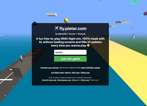The image displays a promotional interface for the flight simulation game 'fly.pieter.com'.