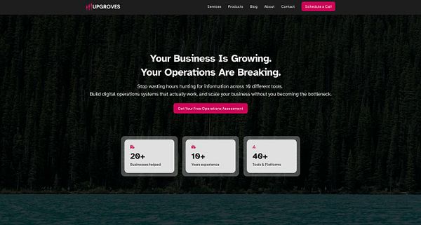 Website homepage hero section design featuring multiple stylized overlapping shapes in warm tones with text and icons on a white background.