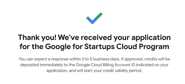 Confirmation message for a Google for Startups Cloud Program application.