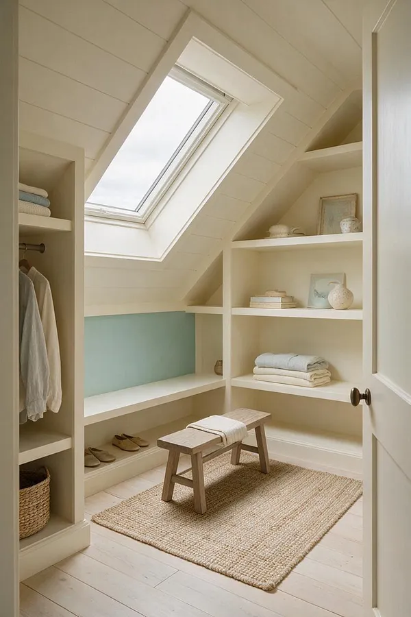 A bright coastal-style closet with sloped white shiplap ceiling, a large skylight, and built-in cream shelving. The space includes folded linens, hanging garments, woven baskets, a light wood bench, a natural jute rug, and a soft blue accent wall panel that adds a calm seaside feel.