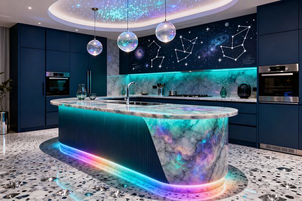 A futuristic kitchen with deep navy cabinets and a curved marble-effect island featuring a galaxy-printed face and rainbow LED base lighting. A continuous marble-look backsplash glows with teal under-cabinet LEDs beneath upper doors printed with constellations. The ceiling has a fiber-optic star field and three glass globe pendants. Terrazzo flooring with metallic insets reflects the light, and built-in black-glass ovens and a chrome faucet complete the sleek design.