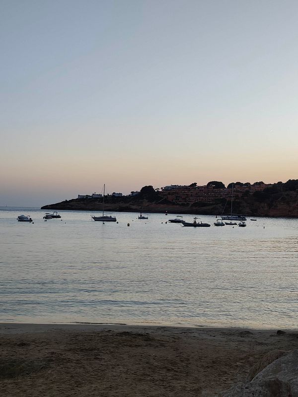 A scenic photo of the ocean with a clear sky during sunset, viewed from a rocky shoreline.