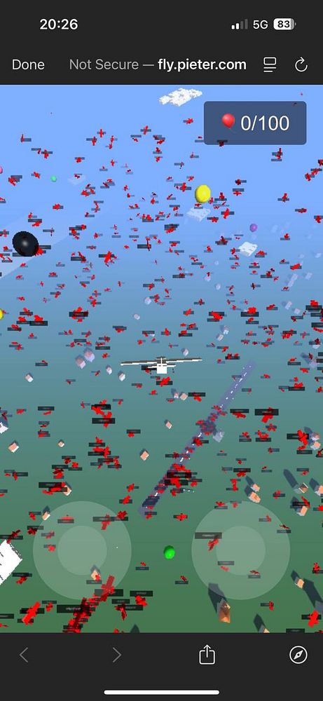 A colorful, chaotic aerial scene from a flight simulation game featuring numerous small aircraft and objects.