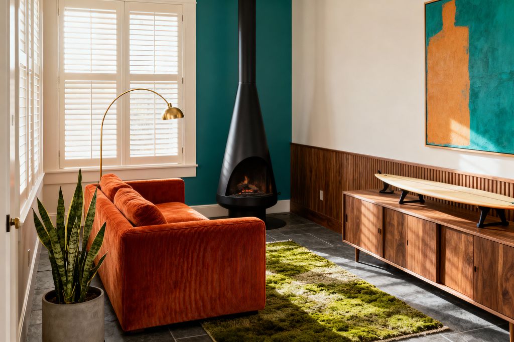 A mid-century modern living room with a rust-orange corduroy sofa facing a black cone fireplace set against a teal accent wall. Sunlight from white plantation-shuttered windows highlights walnut slat wainscoting, a low walnut credenza displaying a small surfboard, a brass arc floor lamp, a moss-green shag rug on dark slate tile, and a snake plant in a concrete pot.