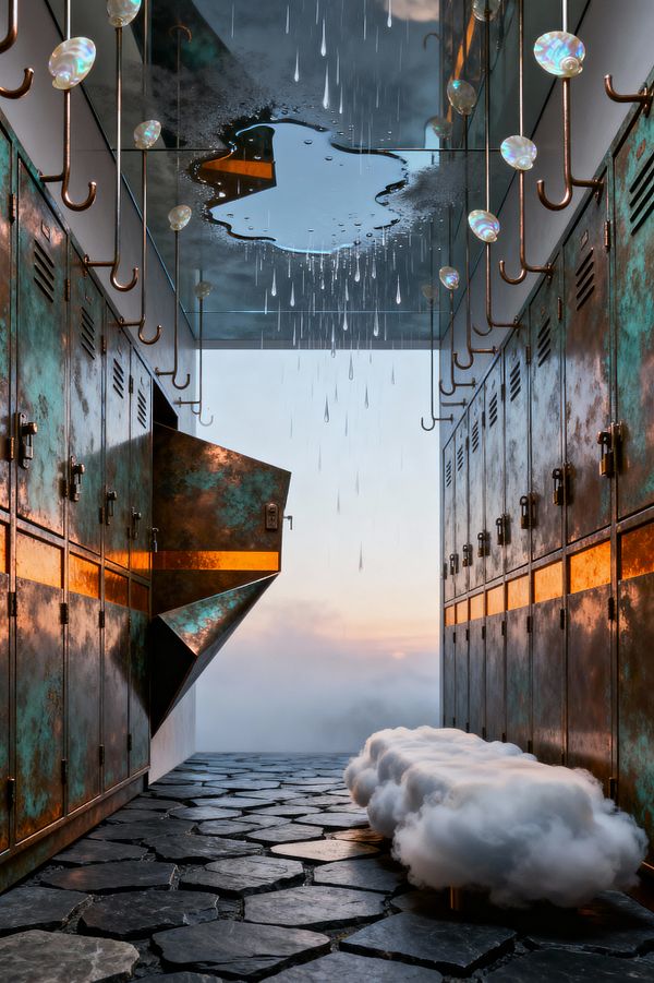 A surreal mudroom features two rows of patinated copper lockers lit by a warm amber strip and a floor of irregular charcoal slate flagstones. A cloud-shaped bench on slim brass legs sits beneath a mirrored ceiling with a puddle-like opening and suspended glass raindrops, while copper hooks tipped with iridescent beads line the walls and a misty sunset beyond creates a dreamlike atmosphere.