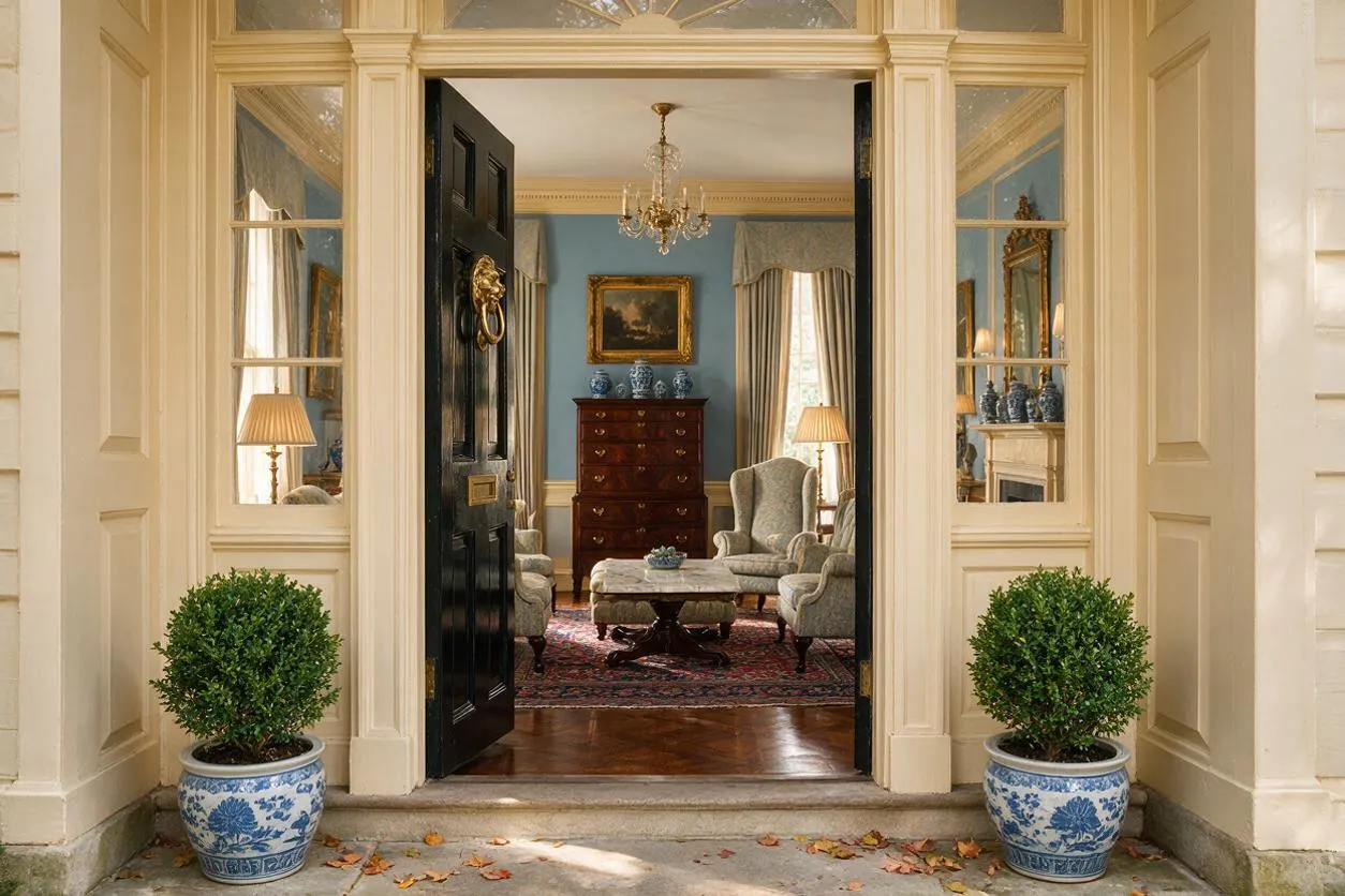 A traditional home entry with a black front door open to reveal a formal sitting room beyond. The doorway is framed by cream trim, sidelights, and matching blue-and-white porcelain planters holding neatly clipped shrubs.