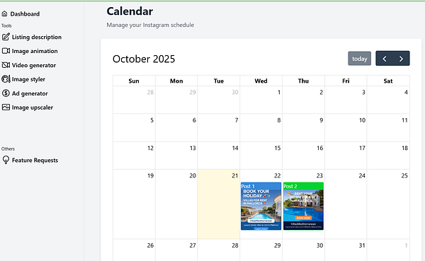 The image displays a calendar interface for October 2025 with scheduled Instagram posts.