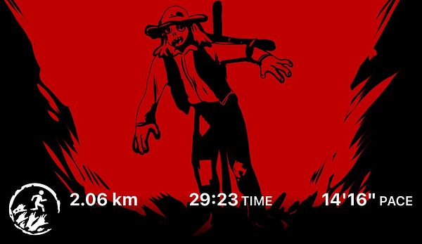 A stylized graphic depicting a zombie against a red background, with running statistics displayed.
