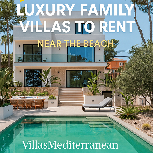 A modern luxury villa with a pool, surrounded by greenery, available for rent near the beach.