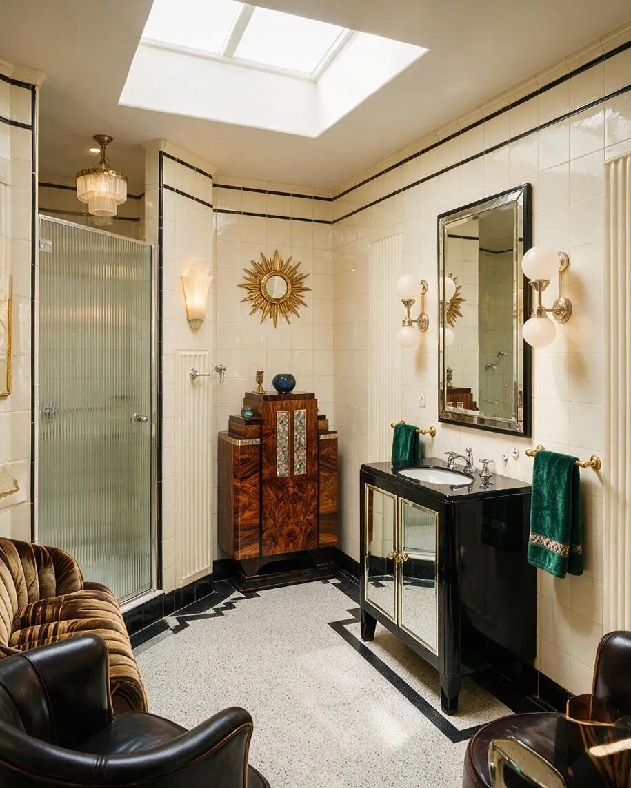 A luxurious Art Deco master bathroom with cream tiled walls, black trim, and a skylight overhead. The room features a black vanity with mirrored cabinet doors, a decorative wood storage cabinet, a sunburst wall mirror, frosted glass shower doors, brass and globe sconces, and dark velvet seating in the foreground.