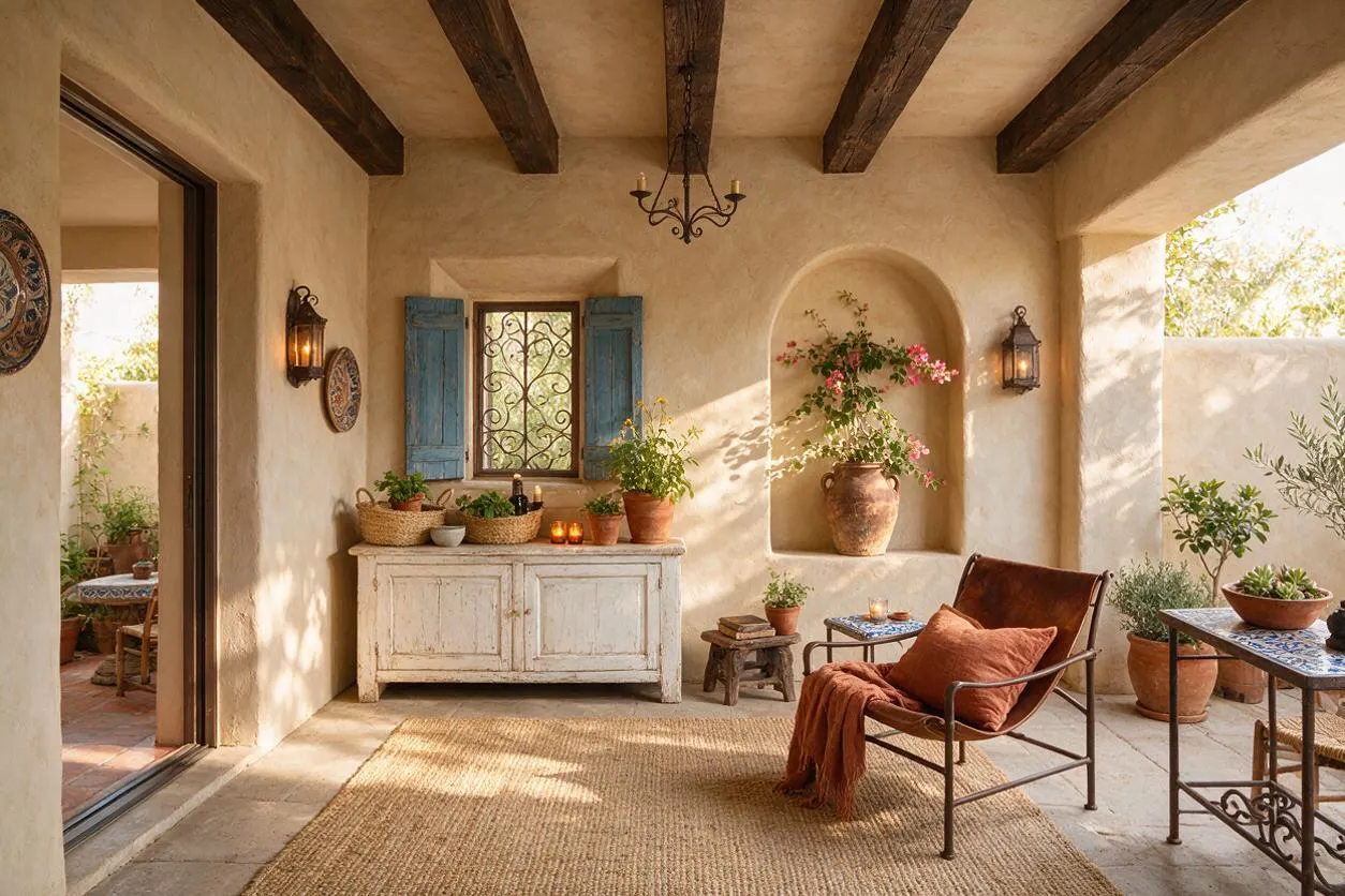 A warm Mediterranean-style patio with plaster walls, exposed dark wood ceiling beams, and a wrought-iron chandelier. The space includes a distressed white cabinet, blue shuttered window, terracotta pots with greenery, built-in wall niche with flowers, and a rust-toned chair over a woven natural rug.