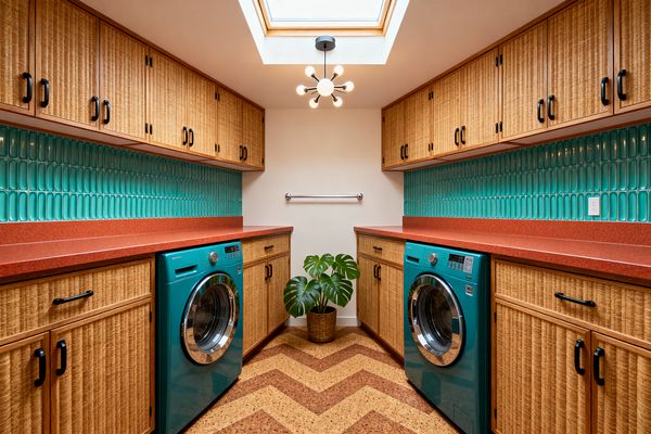 A mid-century modern laundry room with two parallel runs of rattan-front wood cabinets and coral-red counters above teal front-load machines. Glossy aqua elongated ceramic tiles form the backsplash, and black pulls accent the doors. A herringbone cork floor leads to a white wall with a towel bar and a potted monstera. Overhead, a sputnik-style ceiling light and a central skylight brighten the narrow space.