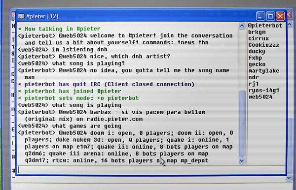 Screenshot of an IRC chat window with users discussing the current song and gameplay.