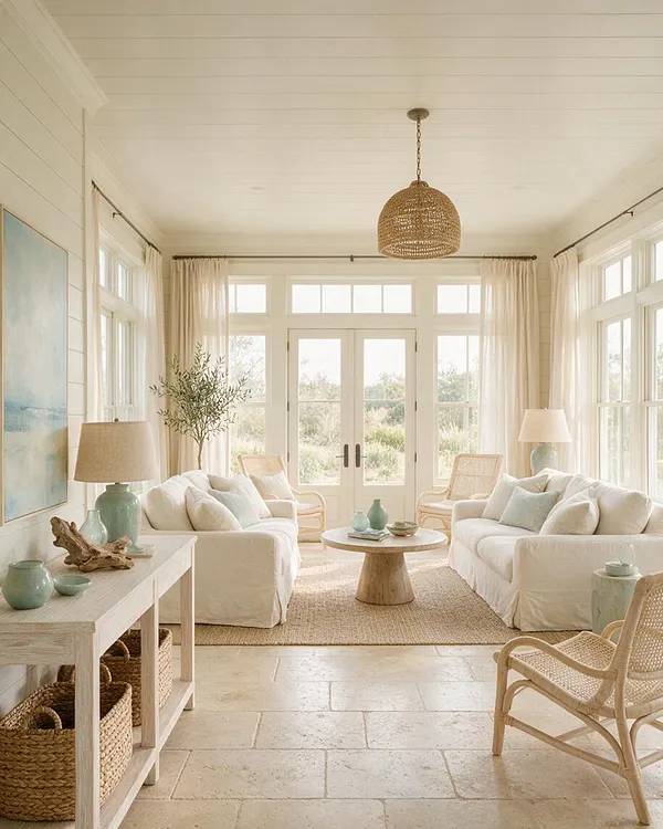 A bright coastal-style sunroom with white slipcovered sofas, woven rattan chairs, sheer curtains, and a woven pendant light. A pale wood coffee table, sea-glass accents, and large windows create a relaxed, sun-filled atmosphere.