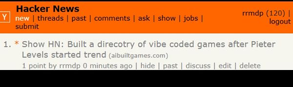 The image displays a screenshot of a Hacker News post titled 'Show HN: Built a directory of vibe coded games after Pieter Levels started trend'.