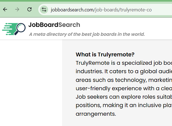 The image displays a webpage from JobBoardSearch featuring information about TrulyRemote.