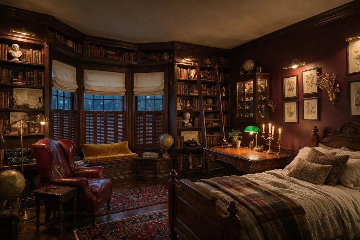 A cozy dark academia kids' room with deep burgundy walls, dark wood built-in bookshelves, a vintage leather chair, and a wooden bed with layered plaid and neutral bedding. A bay window with Roman shades, antique-style desk lighting, framed botanical art, candles, and a ladder create a scholarly, old-world atmosphere.