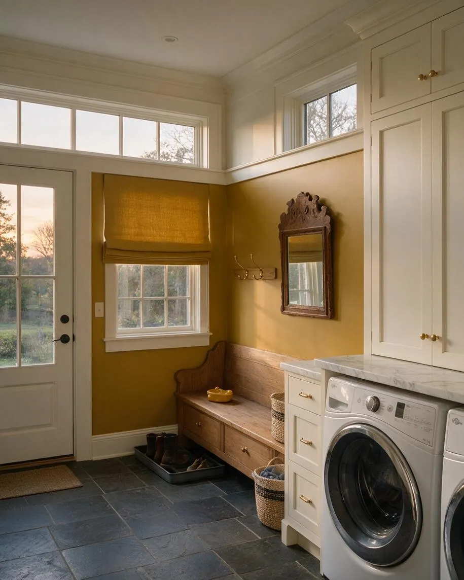 A laundry room with mustard yellow walls, white cabinets, a marble countertop, and a front-loading washer. The space includes a wooden bench with storage, a carved wall mirror, woven baskets, and slate tile flooring, lit by warm natural light from multiple windows and a glass door.