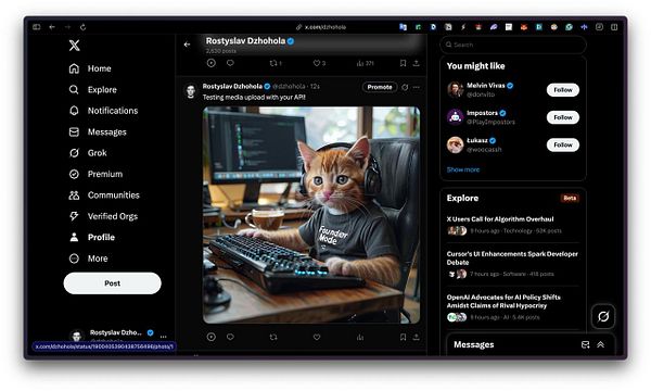 A cat wearing headphones and a t-shirt sits at a computer, celebrating a successful API media upload.