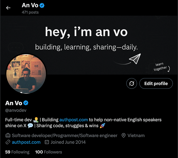 The image displays a social media profile of An Vo, featuring a banner and profile picture.