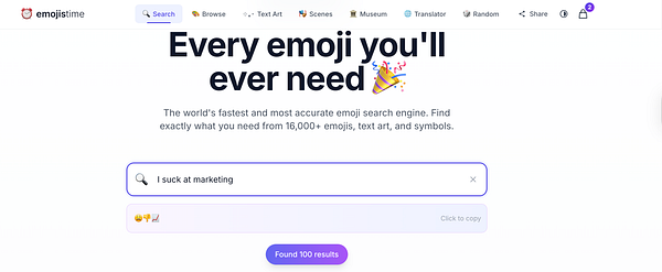 The image displays the interface of the Emojisime search engine with a search query input and results section.