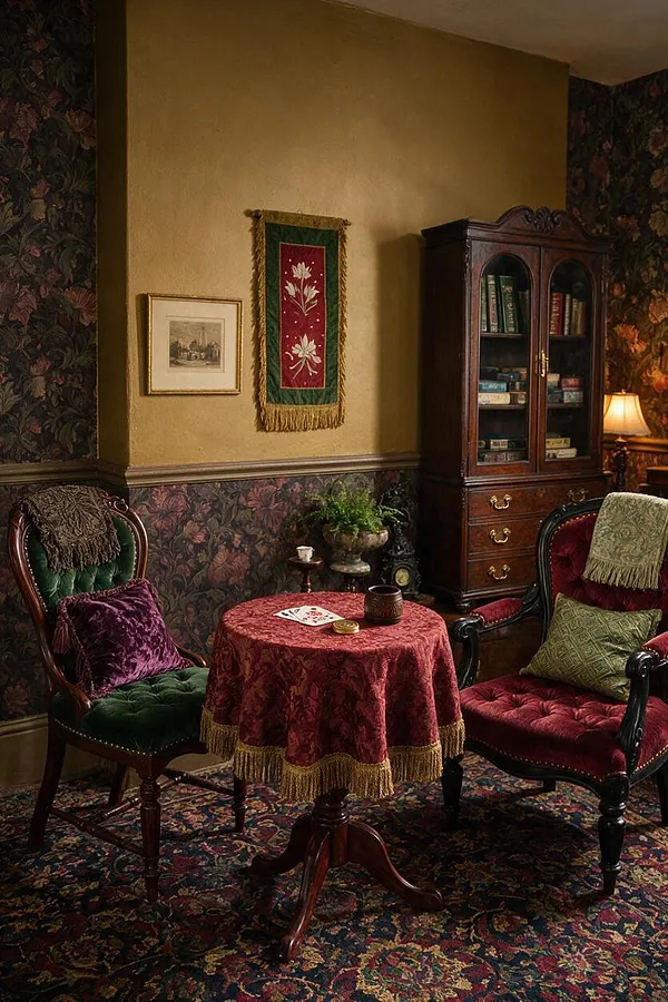 A Victorian-style game room with a small round table draped in red velvet fabric, two ornate upholstered armchairs, and a dark wood cabinet filled with books and games. Floral wallpaper, a patterned carpet, brass accents, and warm lamplight create a cozy, old-world atmosphere.