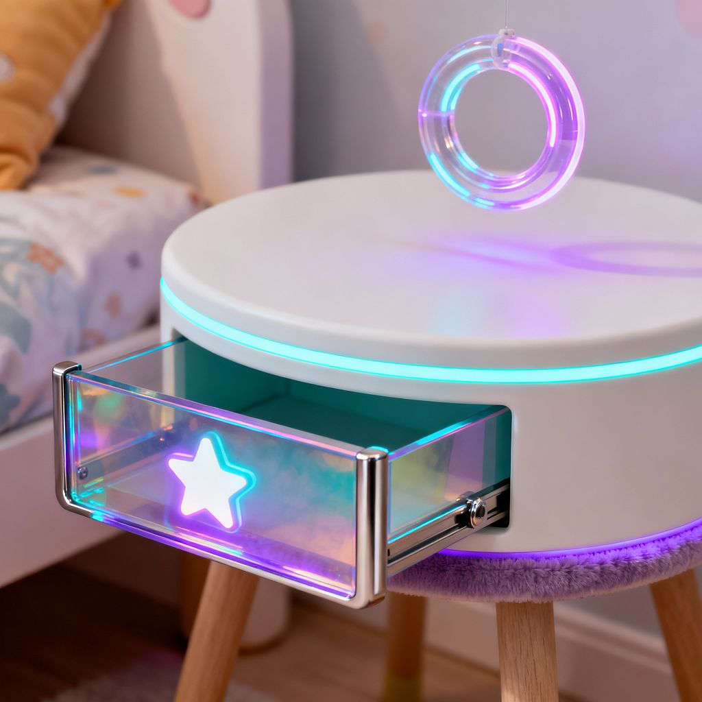 Close-up of a kids’ room nightstand with a round white top edged by a cyan LED light, set on natural wood legs with a purple plush ring. A small drawer with iridescent acrylic and chrome framing shows a glowing star on its front and a teal interior. Above hangs a translucent ring ornament glowing pink and blue. In the background are a bed with pastel bedding, a mustard cushion, and light wood flooring.
