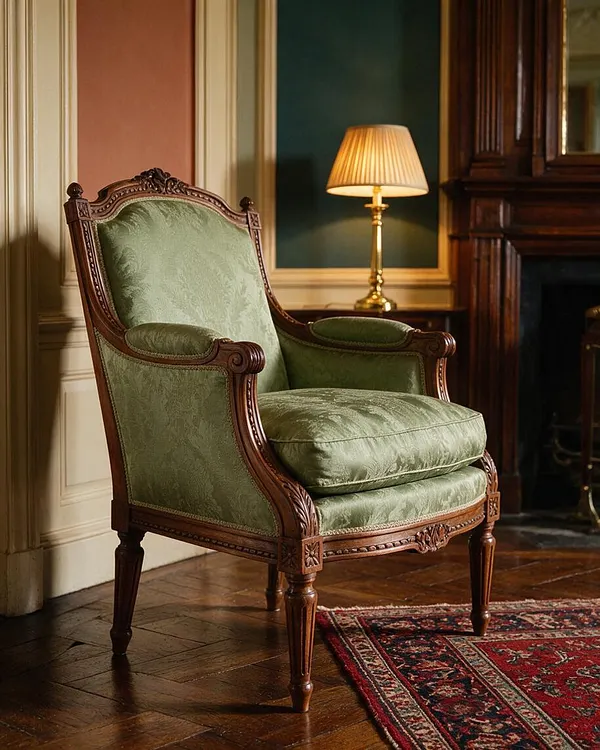 A traditional bergere armchair with a carved dark wood frame and pale green upholstered seat and back sits on a polished wood floor. The room includes a brass table lamp, paneled walls, a fireplace surround, and a patterned red rug, creating a classic formal setting.