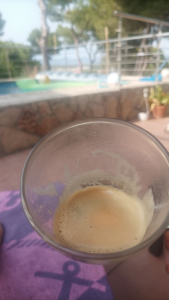 A close-up view of a glass of espresso held in a hand, with a scenic outdoor background.