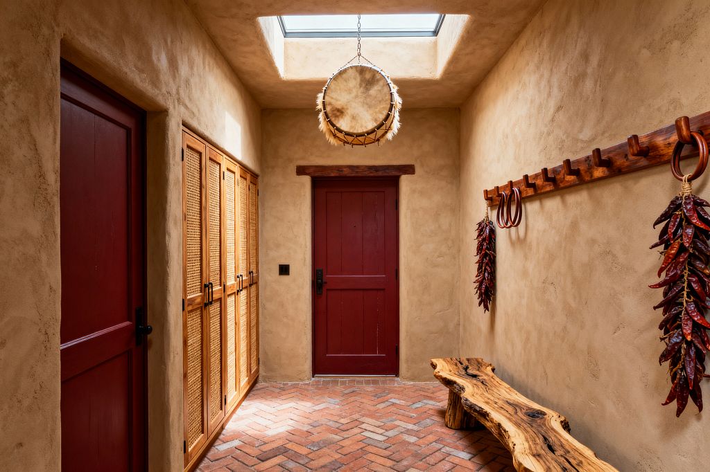 Southwestern mudroom with earthen plaster walls and a terracotta herringbone brick floor. A deep red door sits centered beneath a skylight, where a drum hangs on a chain. To the left, tall wood cabinets with woven cane panels and black pulls offer storage. To the right, a chunky timber peg rail holds leather rings and bunches of dried red chiles above a curved live-edge wood bench. Warm natural light emphasizes sunbaked textures and handcrafted details.