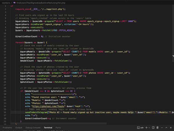 The image displays a code snippet from a PHP script designed to identify new users who have not created models or photos.
